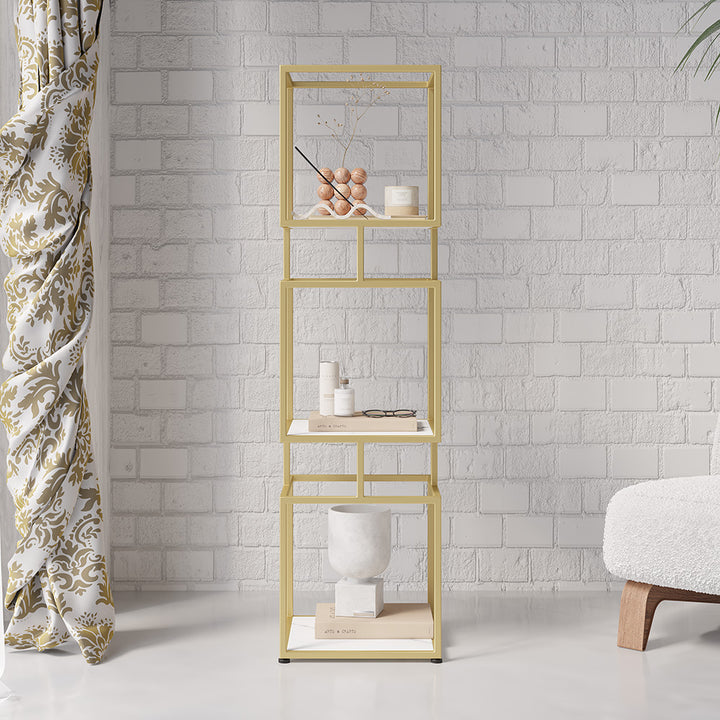 3-Tier Modern Gold Cube Bookcase with Metal Tower Display Shelf in Gold Frame