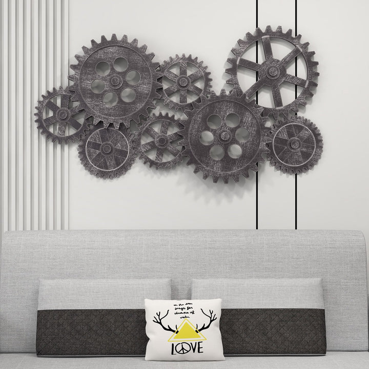 940mm Industrial Distressed Grey Wall Decor with Gear Design in HDF for Living room