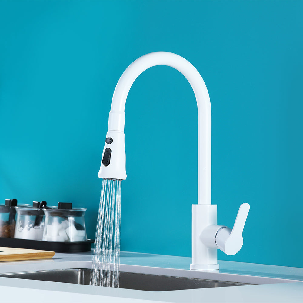 White High-Arc Single Lever Handle Pullout Sprayer Kitchen Tap with Dual Function