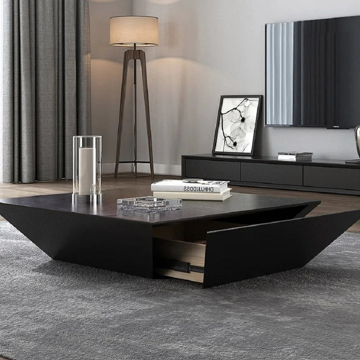 Modern Black Wood Coffee Table with Storage Square Drum with Drawer