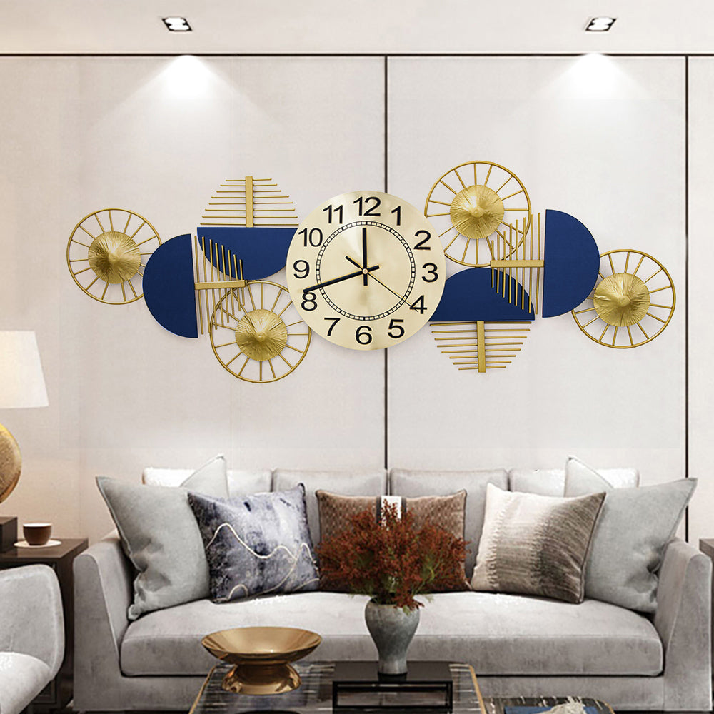 Blue & Gold Luxury Fashion Artistic Home Large Metal Wall Clock Decor