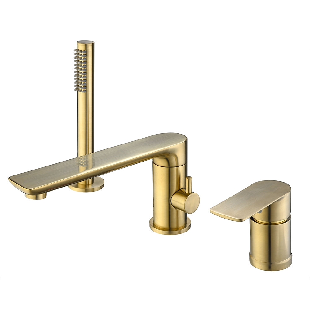 Brushed Gold Deck-Mount 3-Hole Bath Filler Tap with Handshower Solid Brass