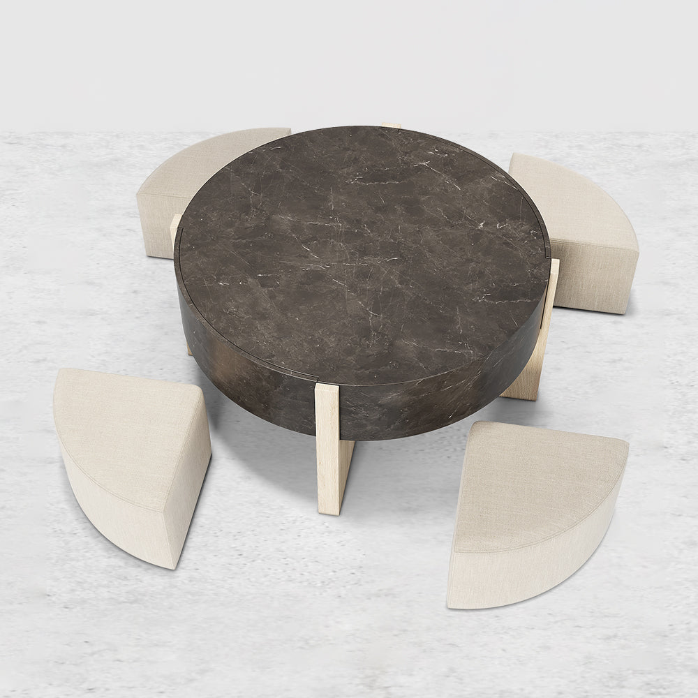 Round Nesting Coffee Table with 4 Stool & 2 Drawers in Distressed Grey