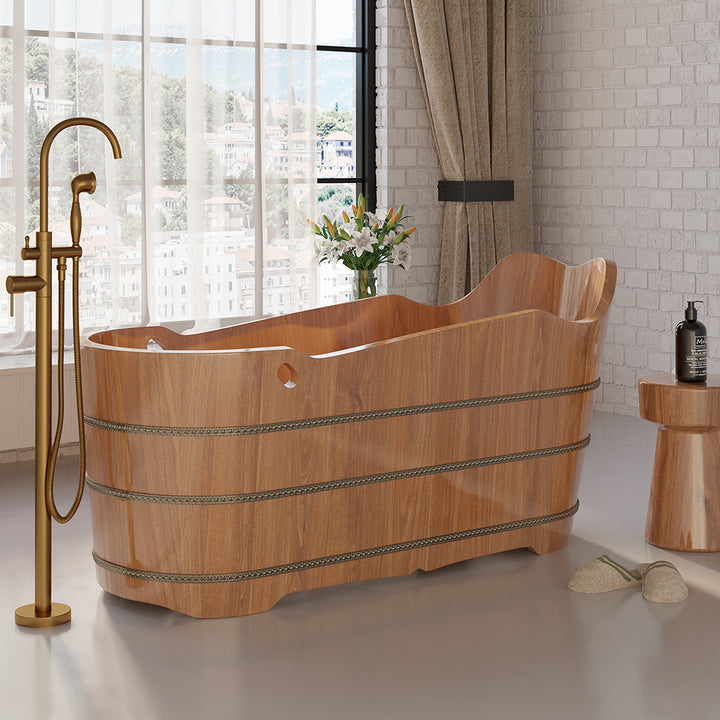 1510mm Japanese Oak Wood Soaking Bath Freestanding Modern Natural Bathtub