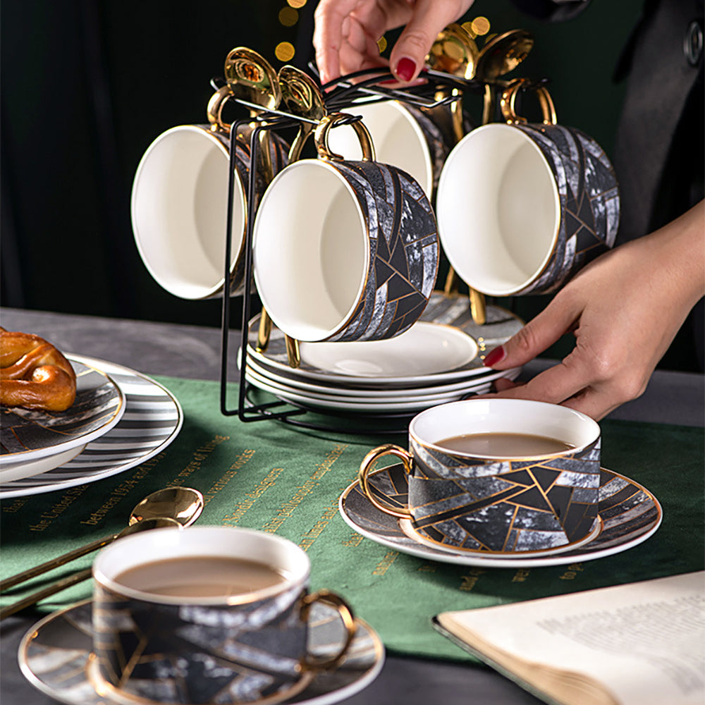 13Pcs Ceramic Cups and Saucers Set with Metal Holder Geometric Gold Trim & Marbling