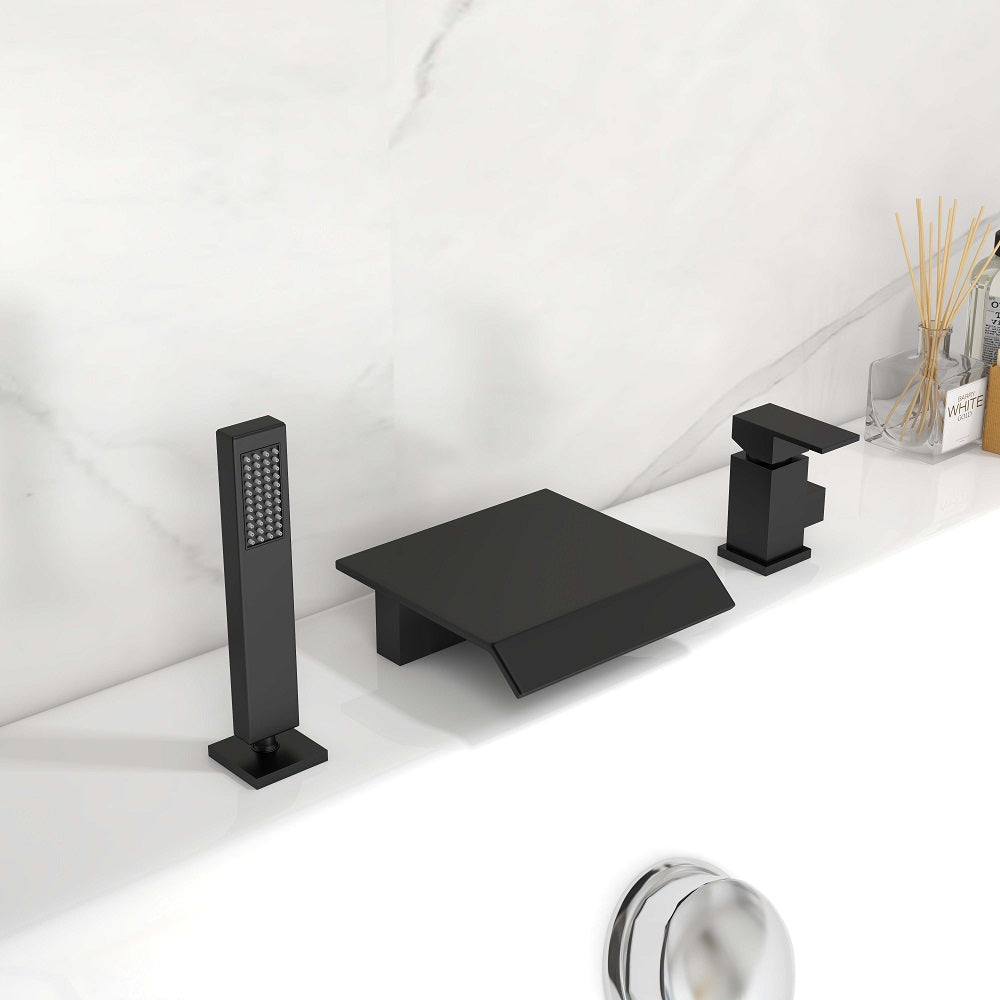 Moda Waterfall Matte Black 3-hole Bath Filler Tap with Handshower Solid Brass