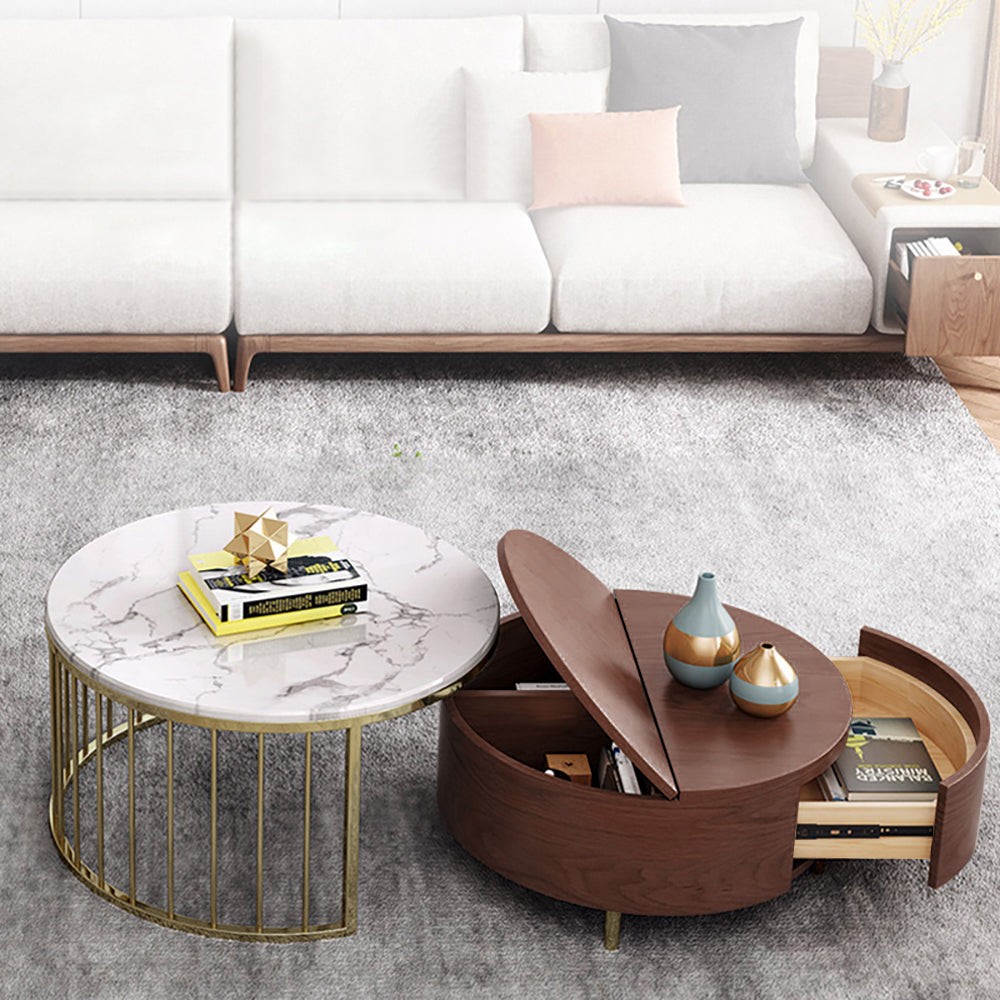 White&Walnut Round Nesting Coffee Table with Storage Rotating Top in Rose Gold Set of 2