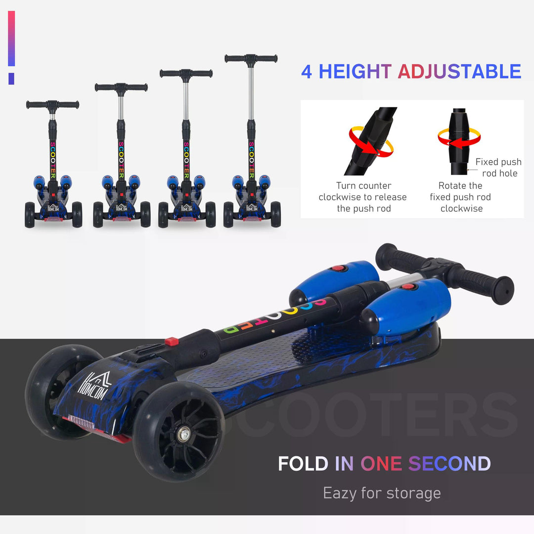 Kids 3 Wheel Kick Scooter Adjustable Height w/ Flashing Wheels Music Water Spray Foldable Design Cool On Off Road Vehicle Blue