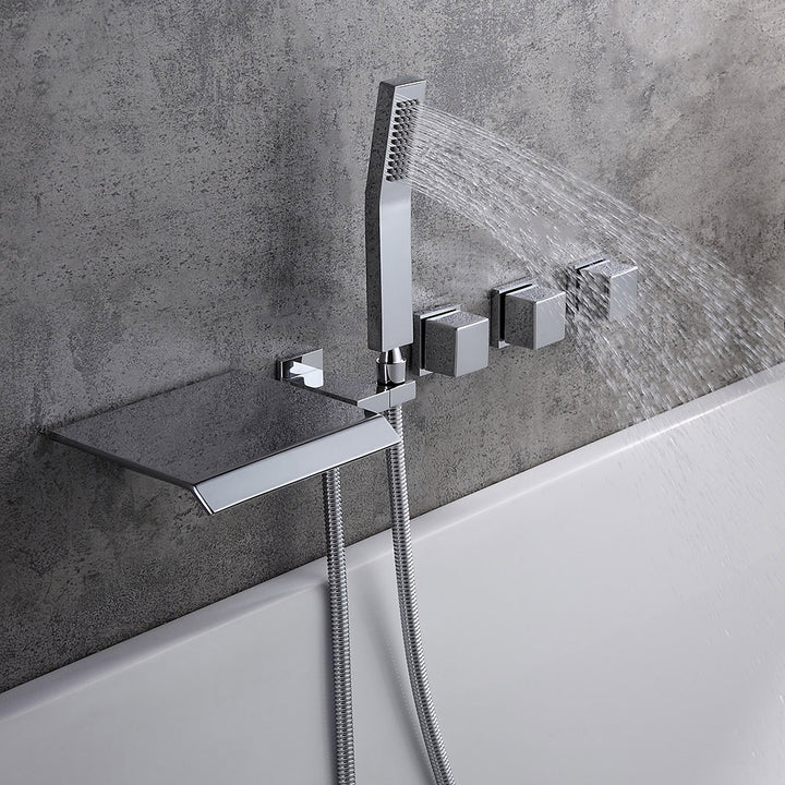 Moda Polished Chrome Wall-Mounted Waterfall Bath Tap with Hand Shower Solid Brass