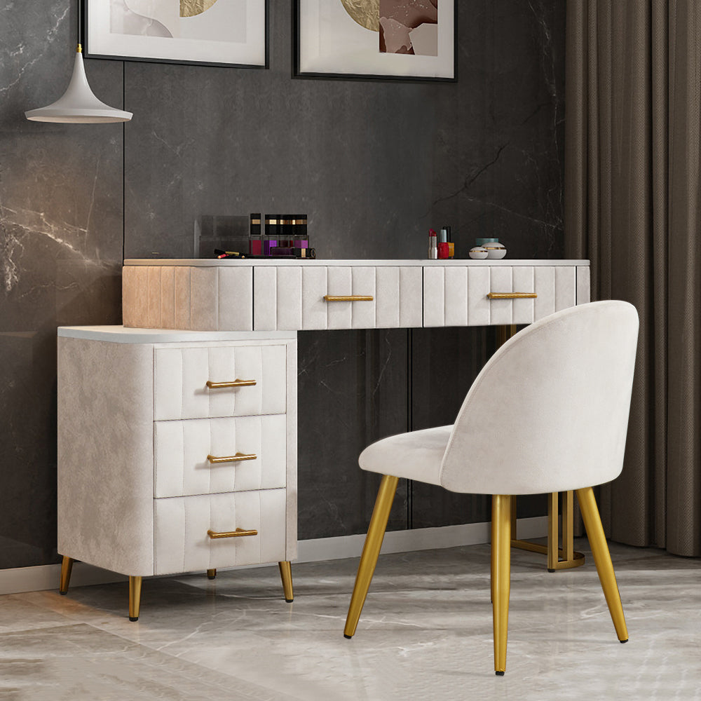 Modern White Velvet Upholstered Makeup Vanity Expandable Dressing Table with Cabinet & Chair