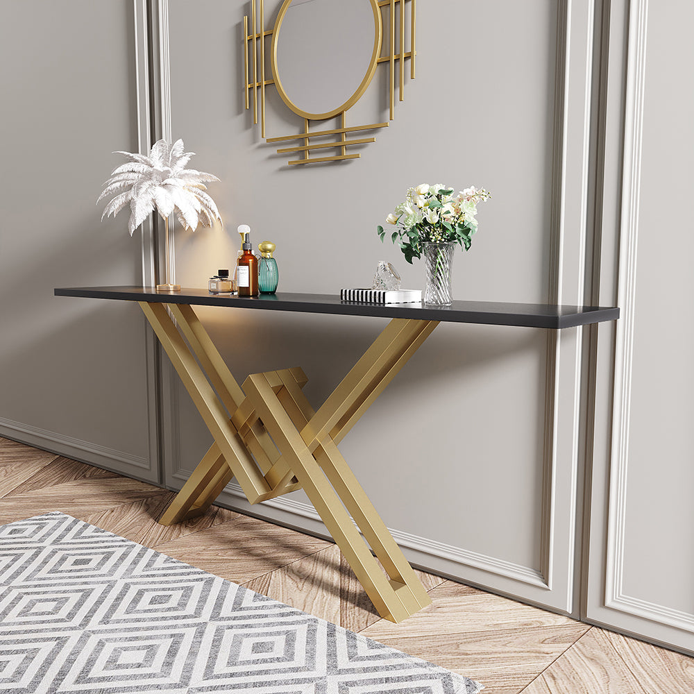 1800mm Black & Gold Narrow Console Table Accent Table For Hallway X Base Metal