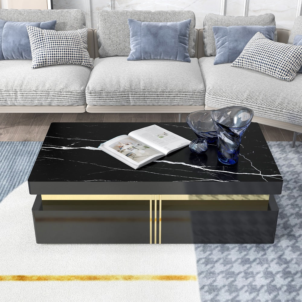 Trimied Modern Coffee Table with Storage in Black Center Table with Stainless Steel Base