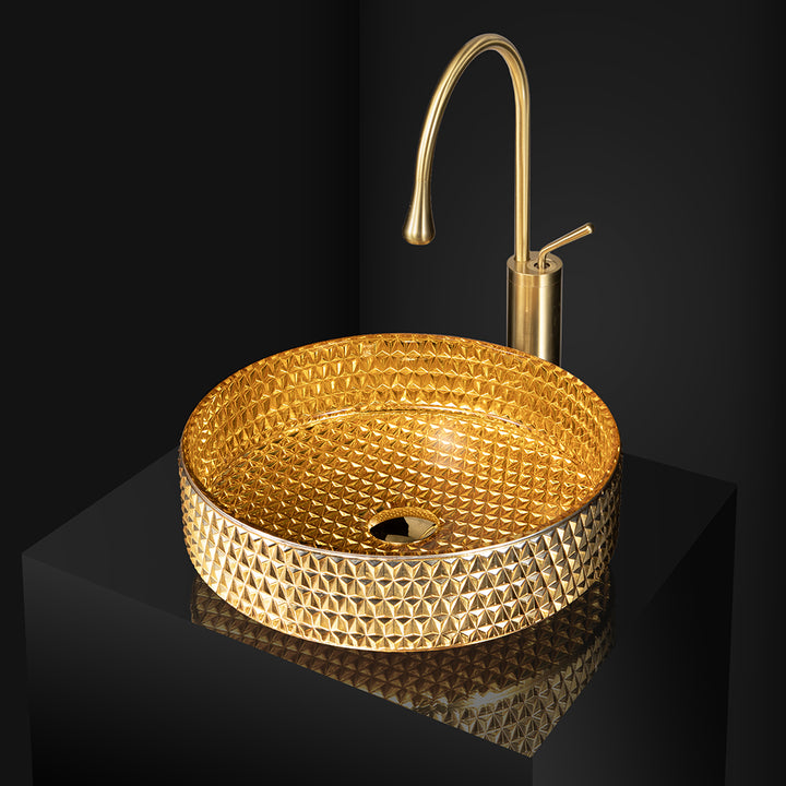 390mm Modern Luxury Diamond Shaped Crystal Glass Bathroom Countertop Basin in Gold