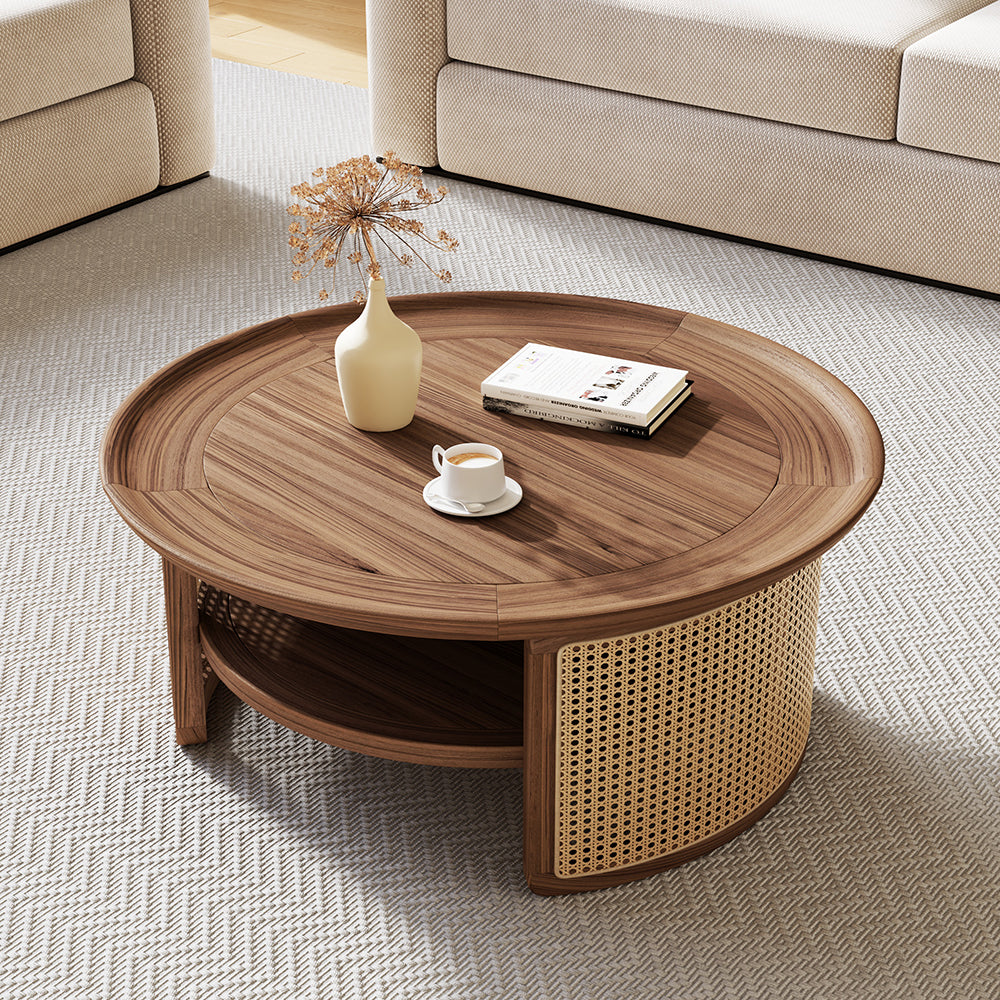 2-Tiered Japandi Round Walnut Wood Coffee Table with Storage Rattan Base