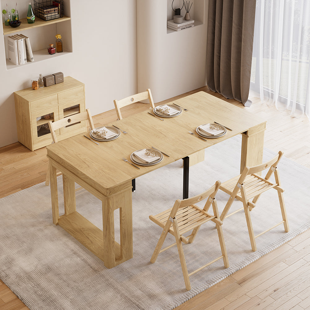 Dining Table Set 70.9" Rectangle Extendable Dining Table with Storage Sideboard Farmhouse Style Natural & 4 Chairs