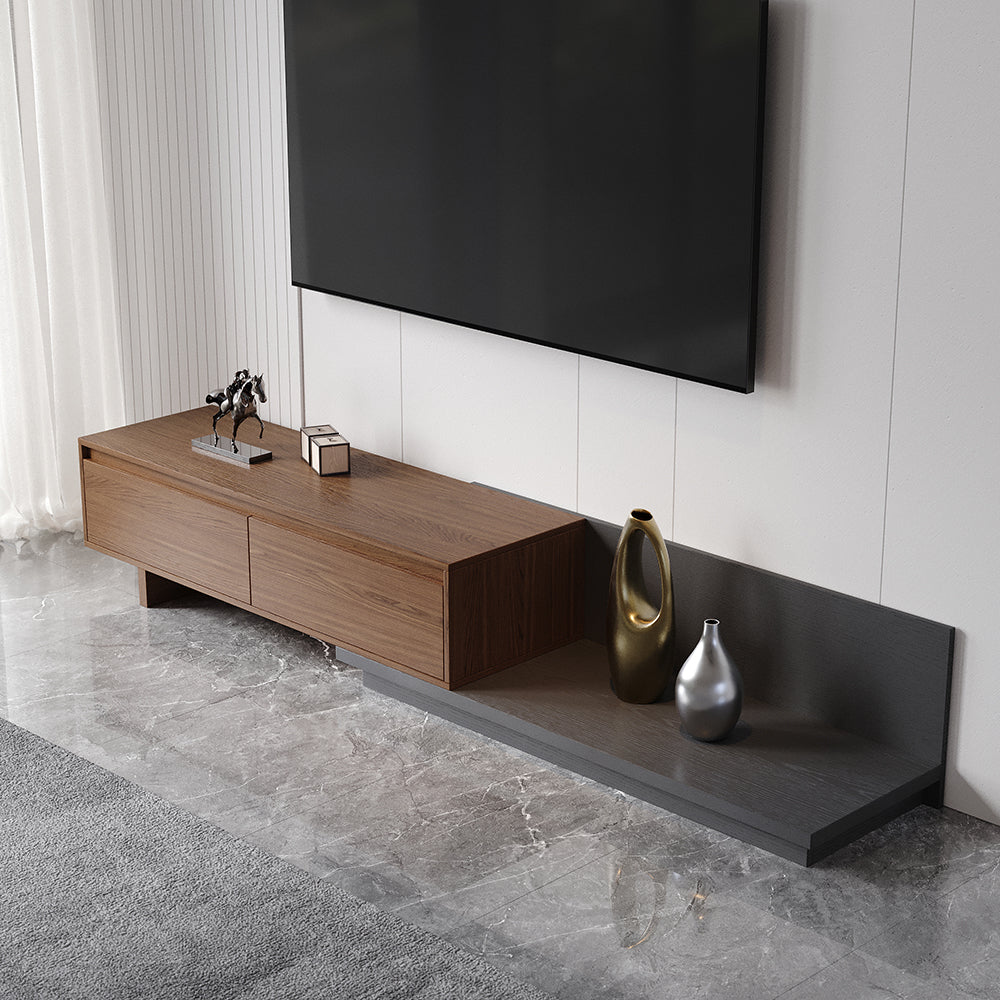 Homary Fero Minimalist Retracted & Extendable 2 Drawers TV Stand in Walnut & Gray Up to 75"