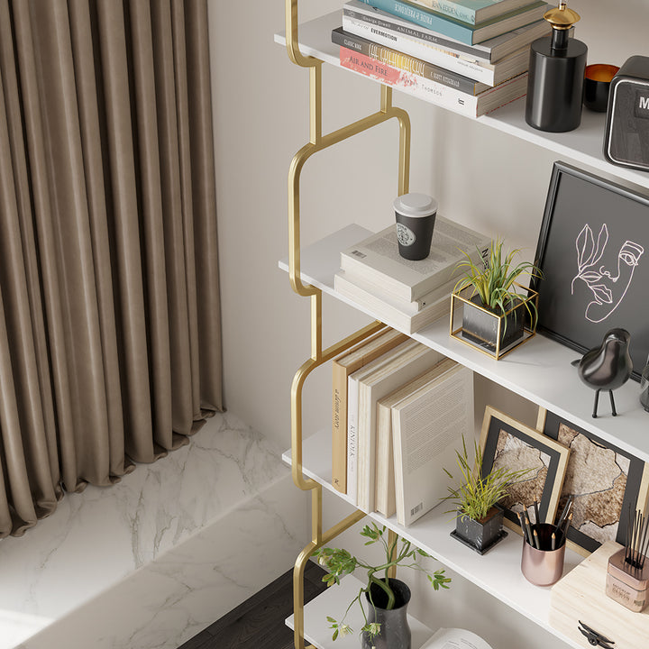 1800mm Modern White Tall Freestanding Wooden Office 4 Shelves Etagere Bookcase in Gold