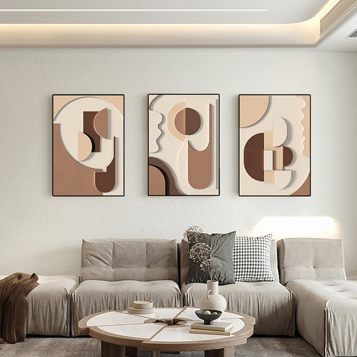 3 Pieces Japandi Wall Decor for Living Room Abstract Art Print with Frame in Brown