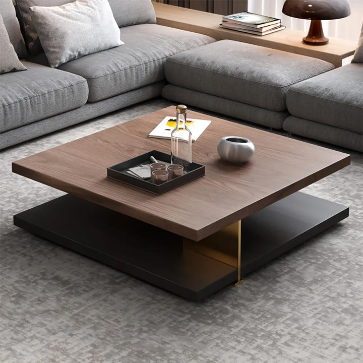 Industrial Black & Walnut Square Pedestal Coffee Table Solid Wood Accent Table