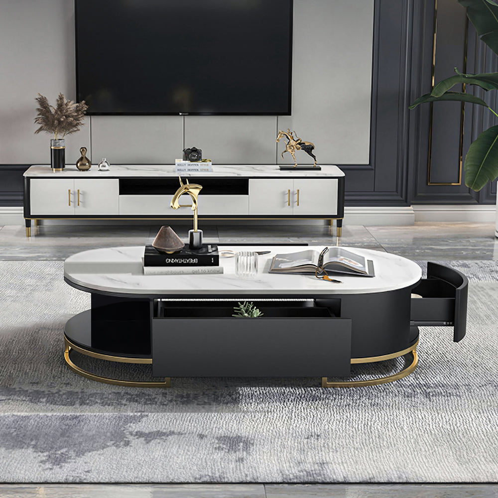 Modern White Oval Storage Coffee Table with Drawers & Shelf Sintered Stone Gold Base