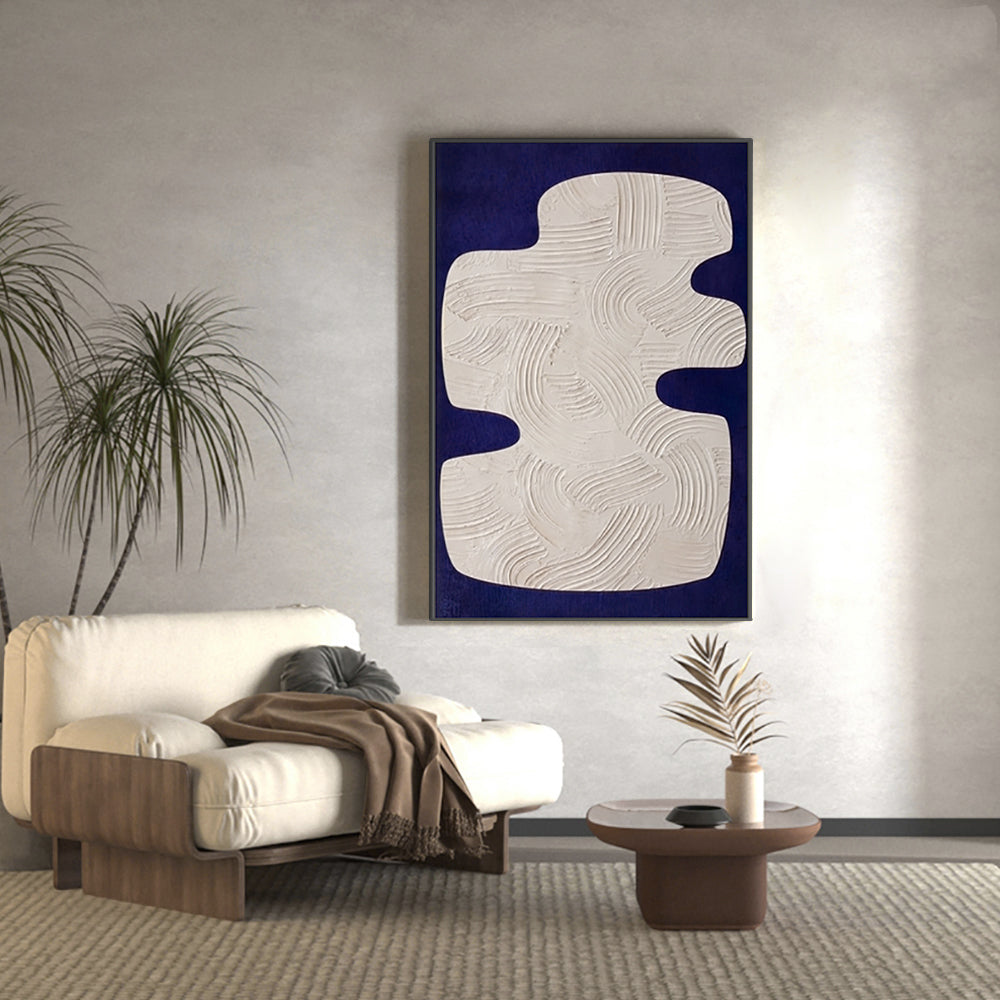 Japandi 3D Wall Decor for Living Room Home Abstract Art Painting with Frame Blue & White