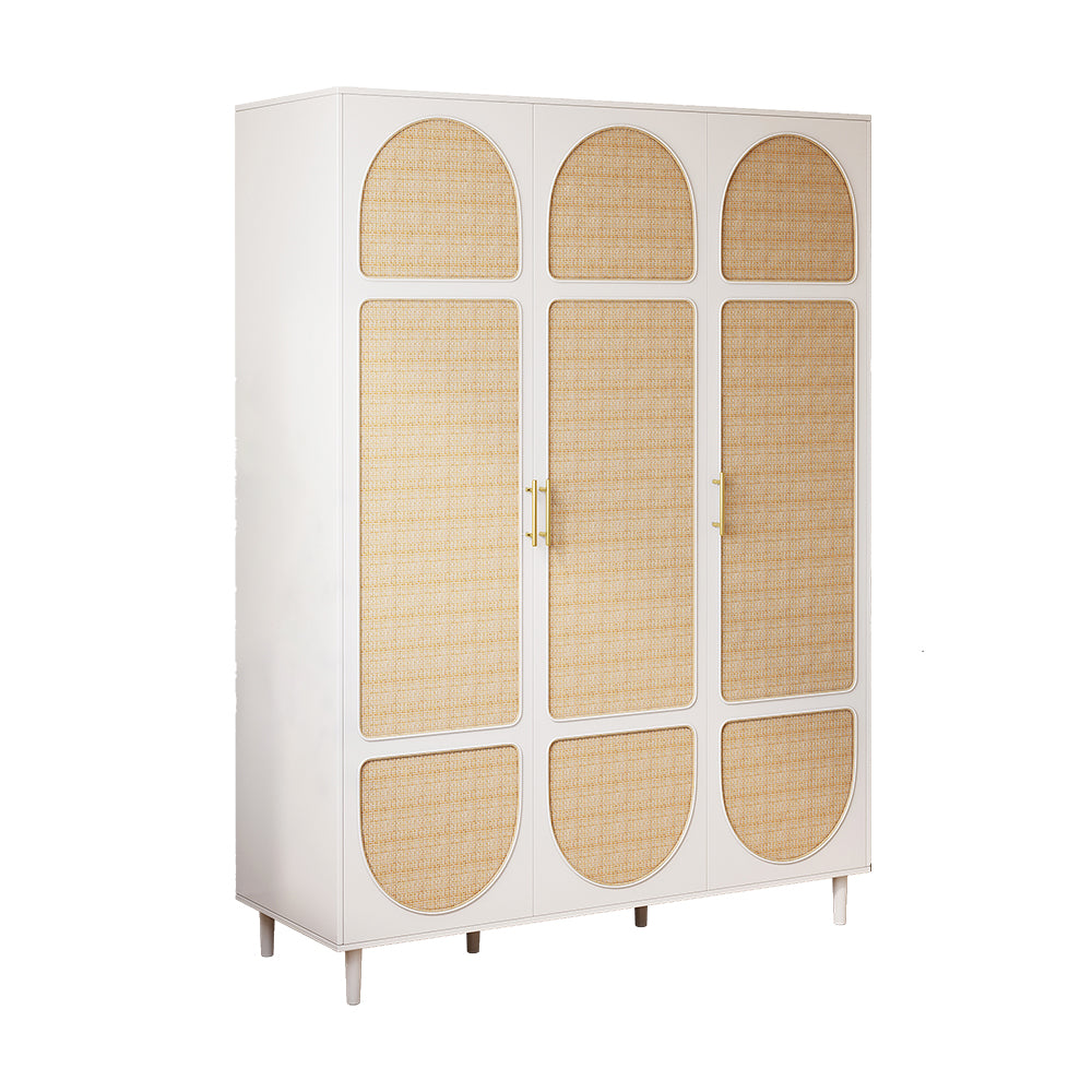 Rattan White 3 Door Bedroom Clothing Armoire Wardrobe with Shelves