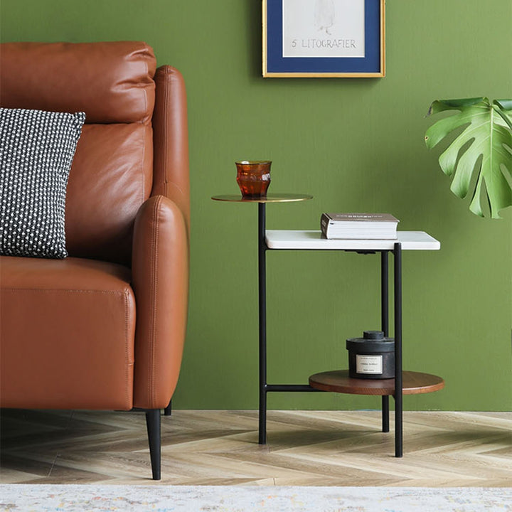 Modern Gold & Walnut & White Wood & Marble End Table with 3 Tiers