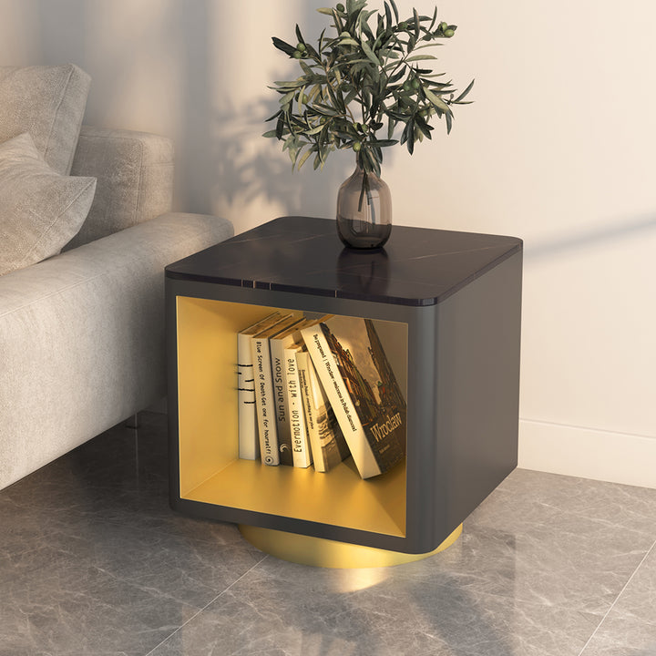 Modern Black Side Table with Storage Hollow Cube Table with Gold Metal Pedestal