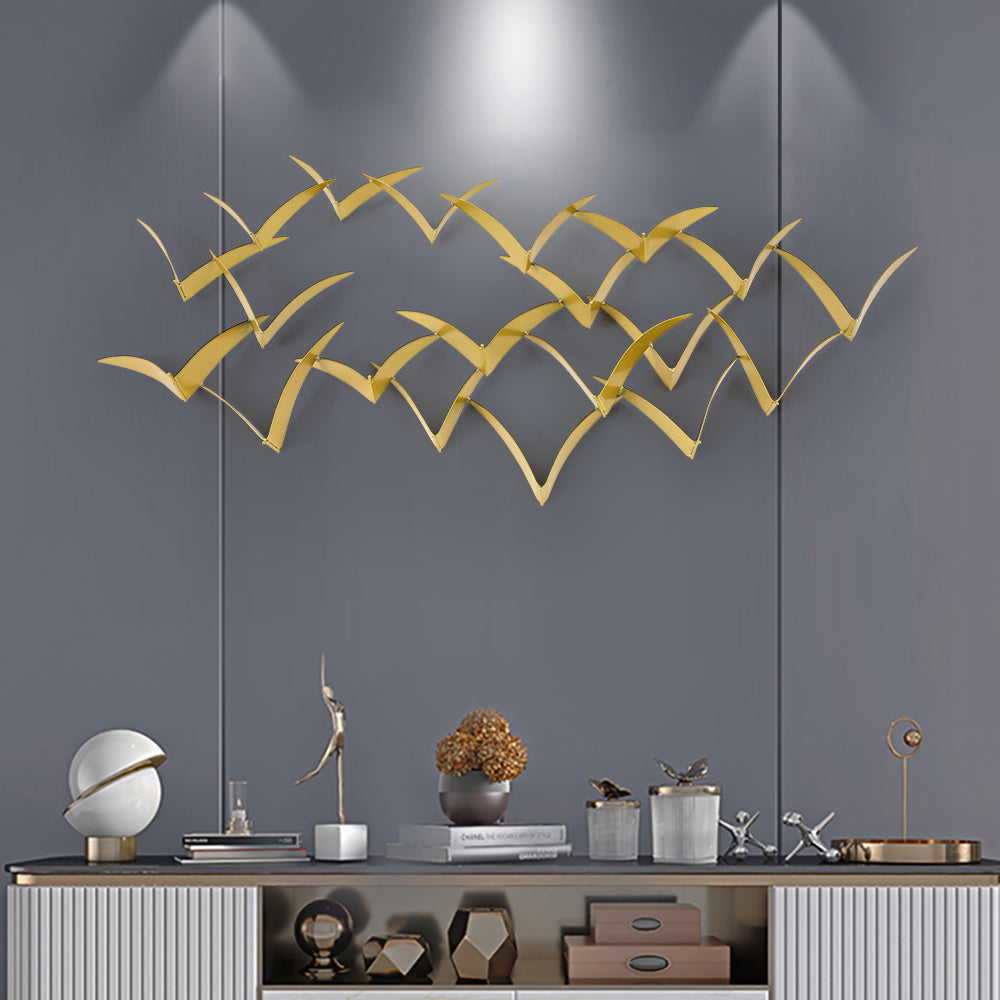 940mm Coastal Gold Metal 3D Bird Foiled Flying Flock Wall Sculpture Art Deco Living Room