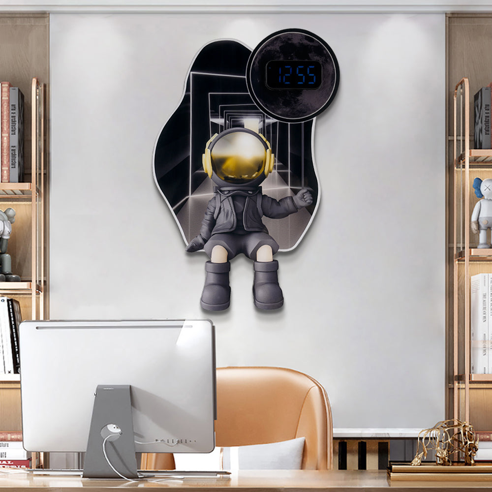 600mm LED Digital Astronaut Wall Clock Spaceman Decor Art Living Room Bedroom in Black