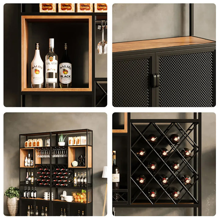 Industrial Tall Black Bar Wine Rack Cabinet with Glass Holder Wood Floor Home Bar Cabinet with Storage