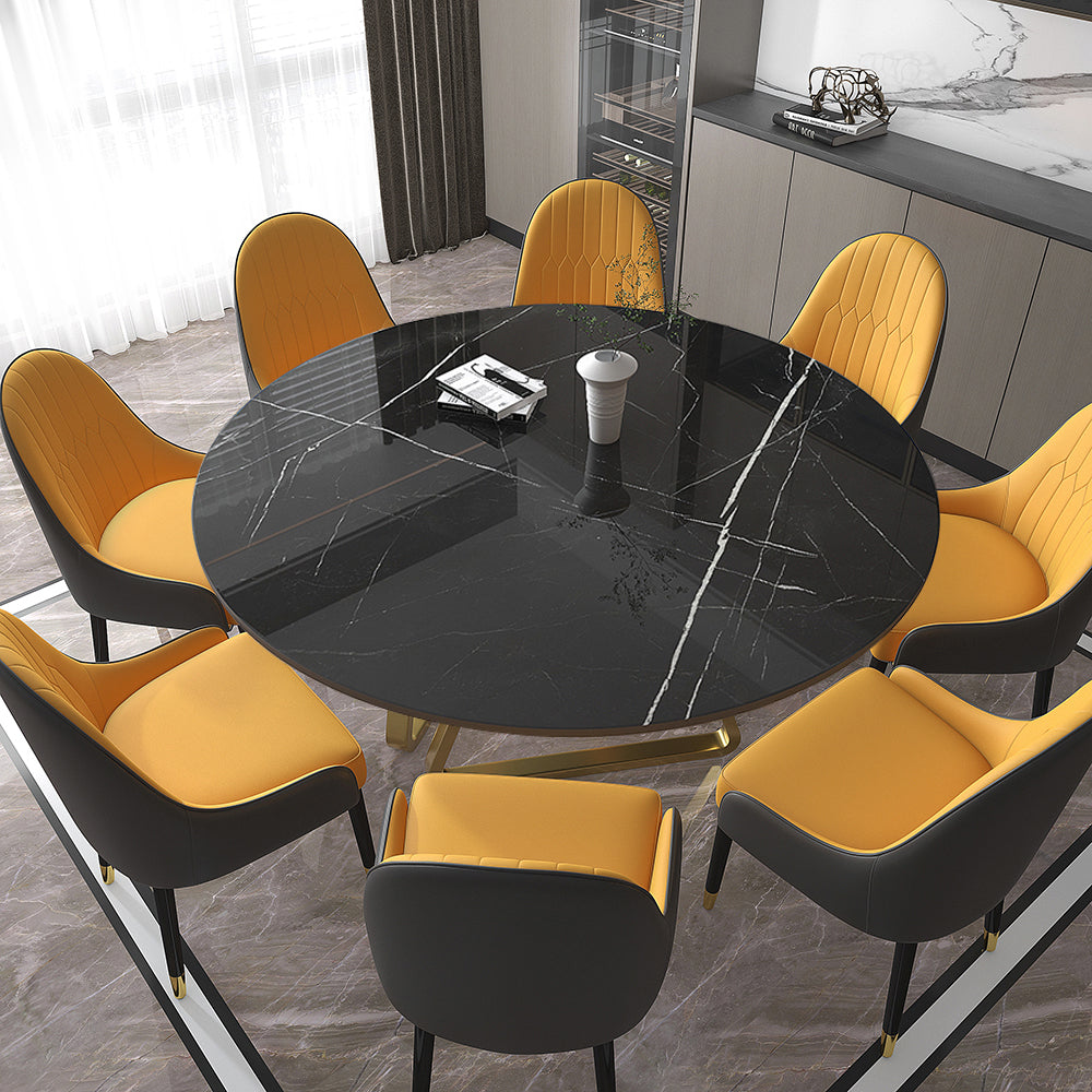 59" Black Modern Round Faux Marble Dining Table Gold Base for 8 Seaters