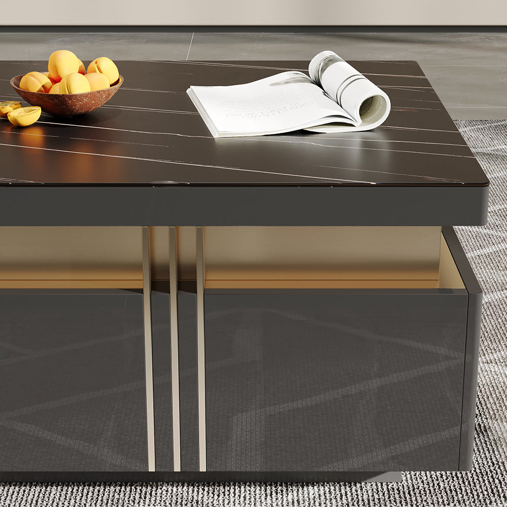 Trimied 700mm Modern Black Square Storage Coffee Table Stone Top & 4 Wood Drawers