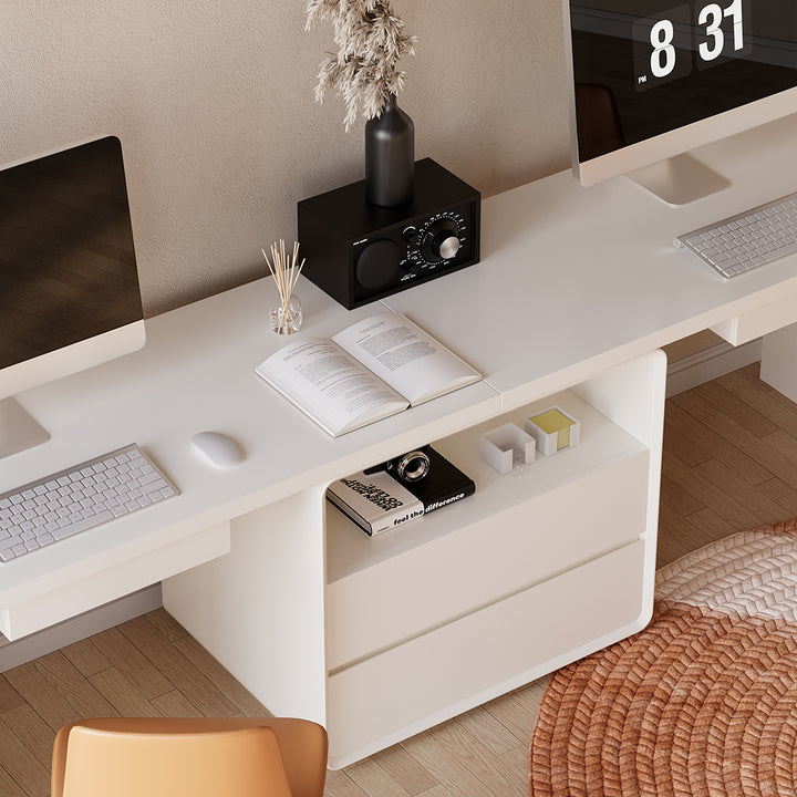 2-Person Double Computer Desk Modern White Retangular Office Desk with 4 Drawers & 1 Cabinet (2400mm)