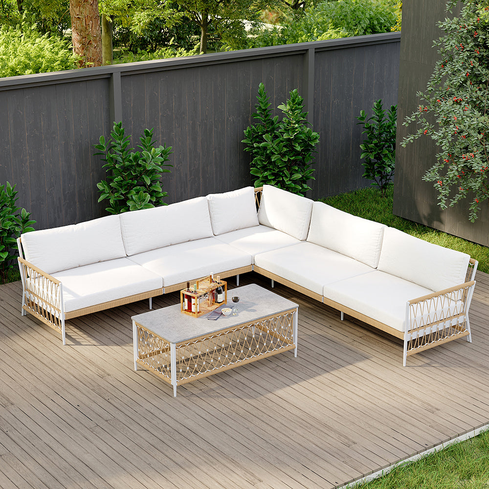 Ropipe 4 Pieces L Shape Woven Rope Outdoor Sectional Sofa Set in Khaki & White For 5