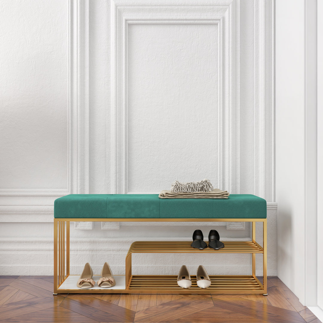 Velvet Upholstered Hallway Bench with Storage Bed Bench in Green