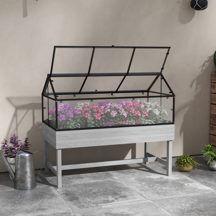 Elevated Wood Planter with Mini Greenhouse Raised Garden Bed with PC Panel Top Vent 120 x 60 x 103cm Distressed Grey