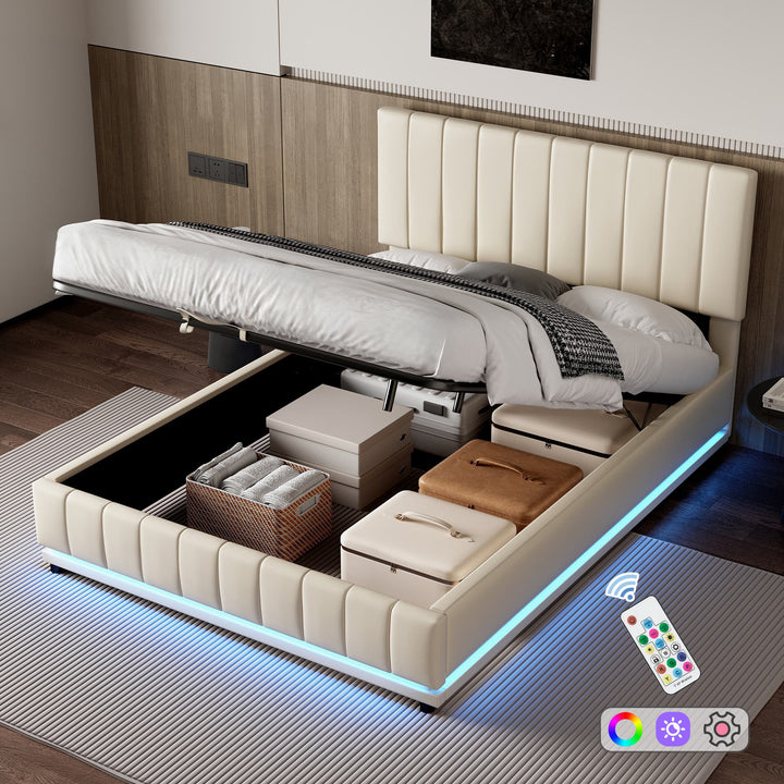 PU Leather Ottoman Upholstered Double Bed with LED Lighting