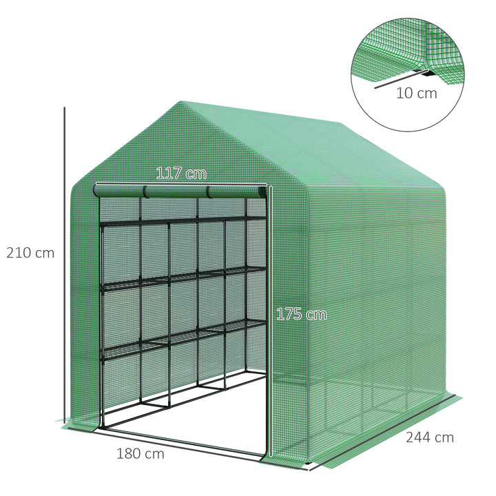 Poly Tunnel Steeple Walk in Garden Greenhouse with Removable Cover Shelves - Green 244 x 180 x 210cm