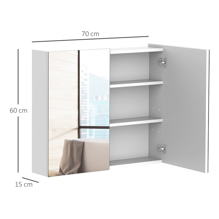 HOMCOM Wall Mounted Bathroom Mirror Cabinet, Double Door Storage Cupboard with Adjustable Shelf, 60H x 70W x 15D cm, White Aosom UK