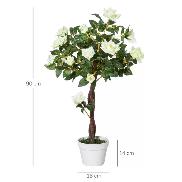 90cm/3FT Artificial Rose Tree Fake Decorative Plant w/ 21 Flowers Pot Indoor Outdoor Faux Decoration Home Office Décor White Green