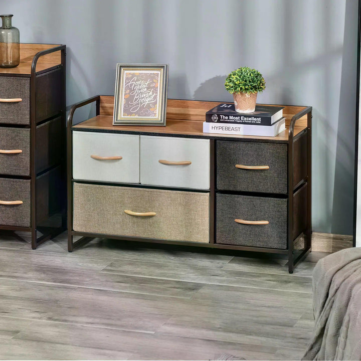 Fabric Dresser: 5-Drawer Linen Tower with Wooden Top