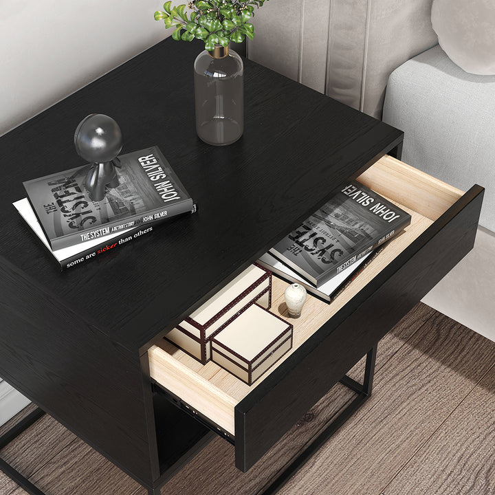 Black Modern BedsideTable with Drawer and Black Metal Base