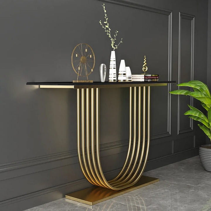 1200mm Black Solid Wood Narrow Console Table Gold Metal Pedestal Hallway Table