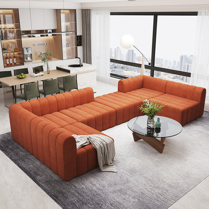 118.9" Velvet Convertible Modular Sectional Sofa Orange Upholstered 6-Seater Sofa Set