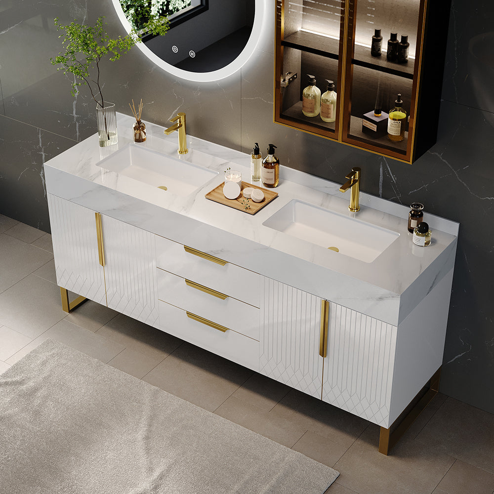 59" Bathroom Vanity Freestanding Cultured Marble Top with Double Sink Drawers & Doors White