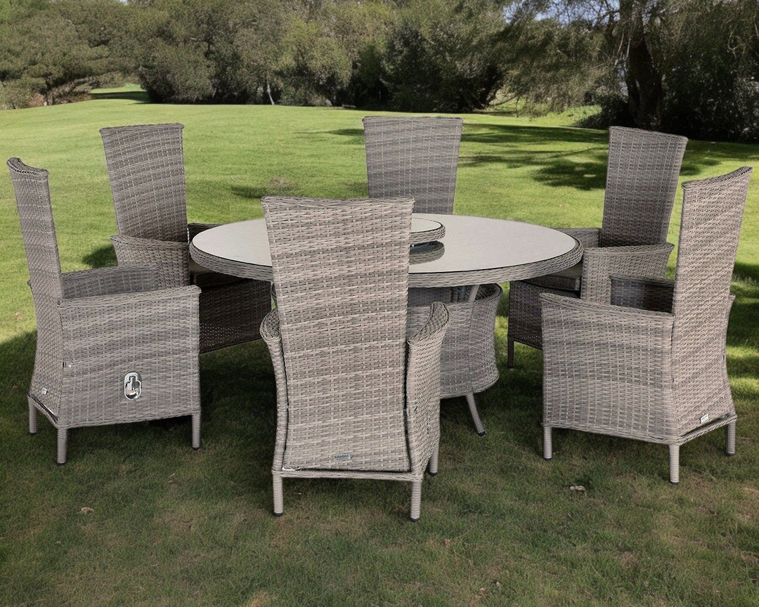 6 Rattan Reclining Chairs & Large Round Table Set in Grey - Cambridge - Rattan Direct