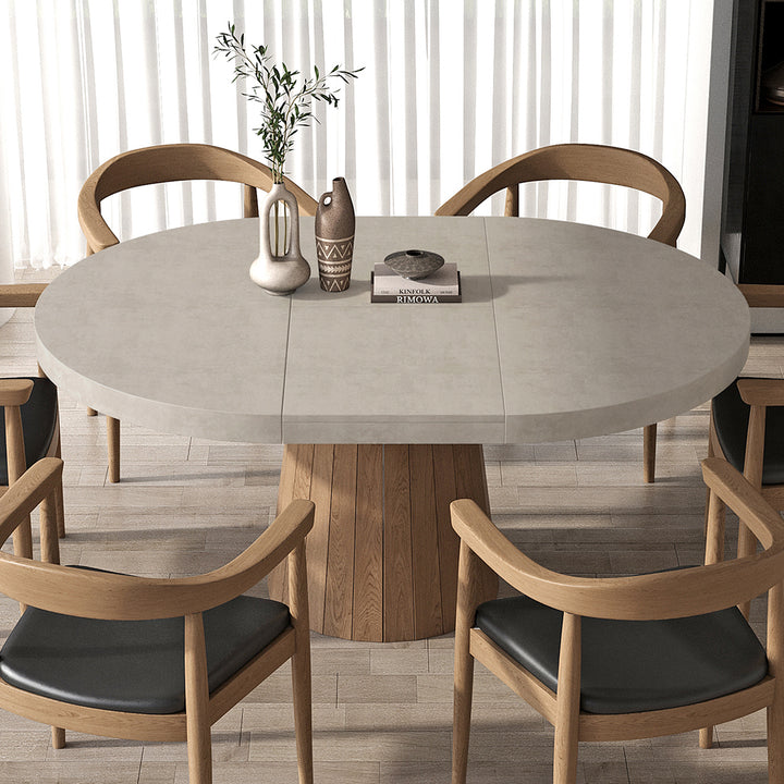 Extendable Dining Table Set 39"-55" Japandi Gray Dining Table & 6 Walnut Wood Dining Chairs