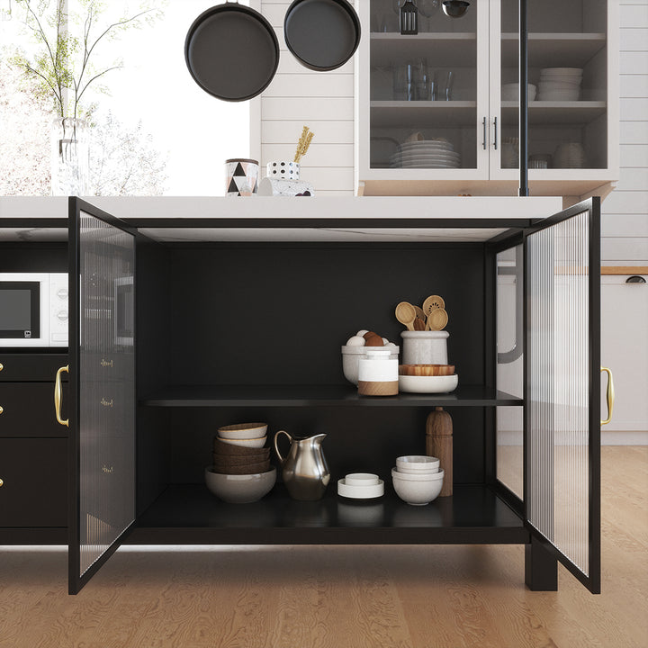 1630mmm Black Kitchen lsland with Pot Rack Marble Pattern Kitchen Cabinet with Storage