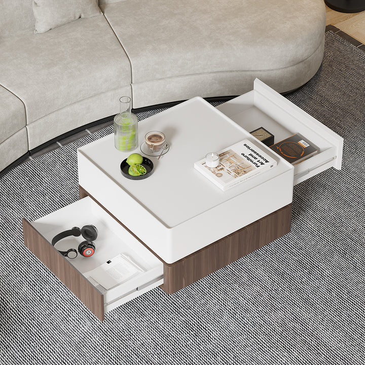 Japandi Square Swivel Rotating Coffee Table with 2 Drawers in White & Walnut